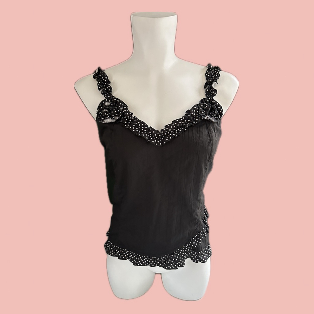 Black polka dot ruffle tank top – rosette detail, asymmetrical trim, Moffi